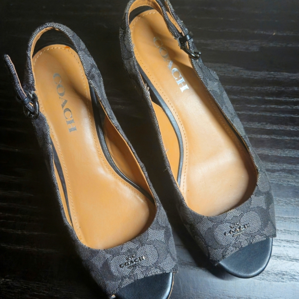 Coach Women's Ferry Black Monogram Jacquard & Cork Slingback Sandal Sz 8.5B